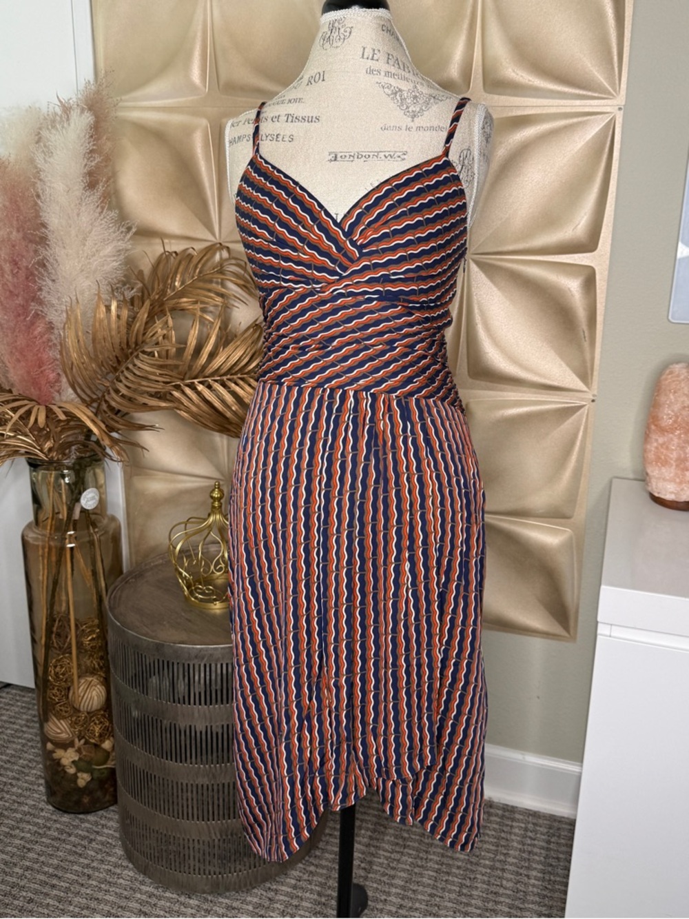 Diane Von Furstenberg Navy and Rust Striped Midi Wrap Dress